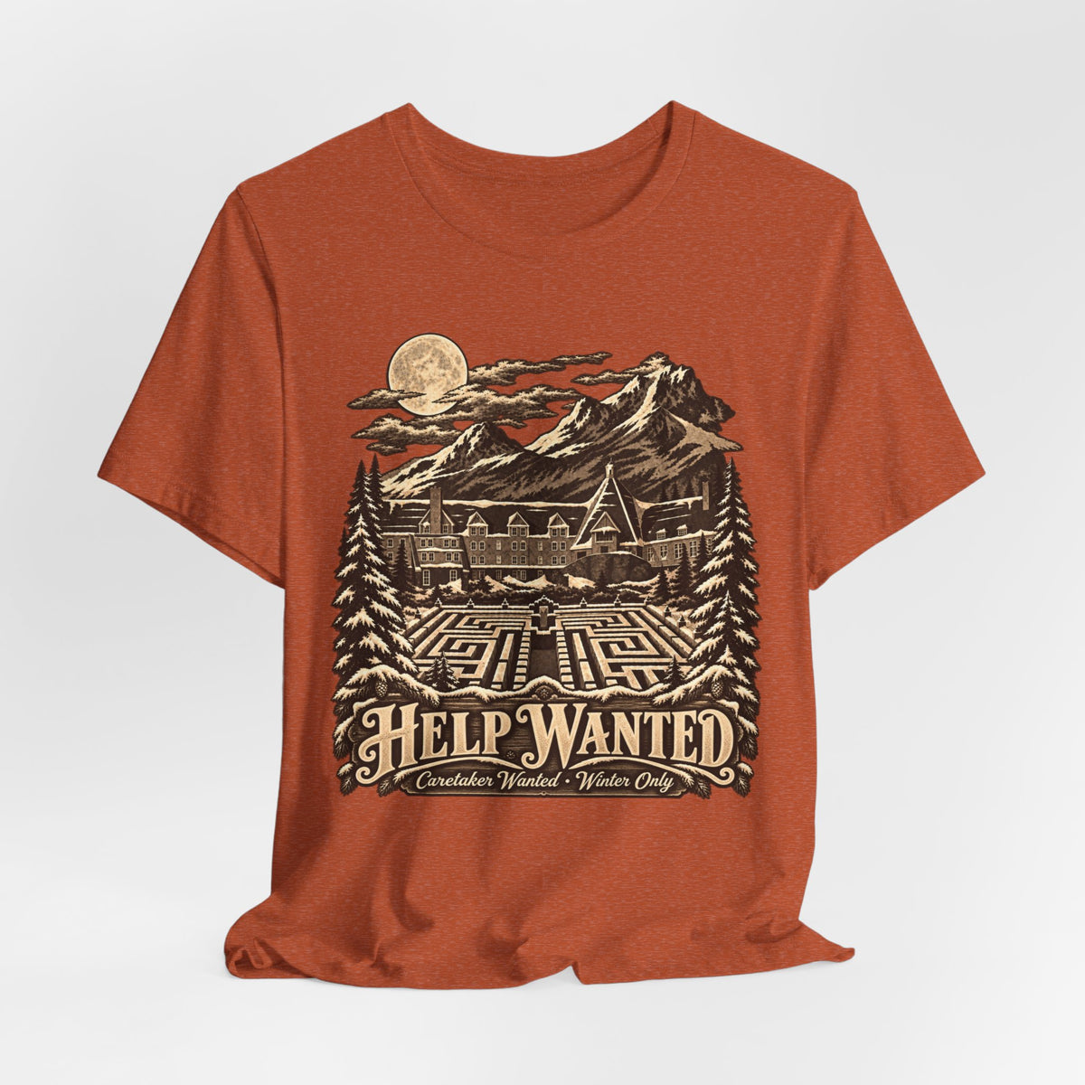 Help Wanted Winter Caretaker Tee in White - funny winter caretaker parody shirt, Barely Outdoorsy Bella Canvas 3001