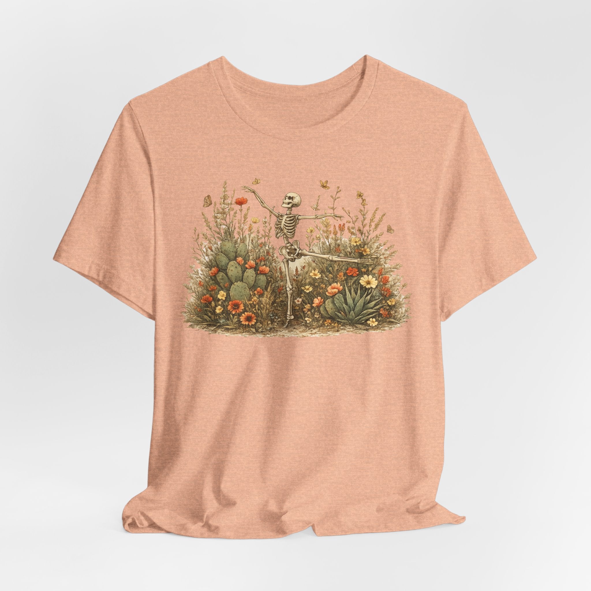 Dancing Skeleton Desert Wildflower Tee in Black worn shot - vintage watercolor skeleton agave butterfly shirt, Barely Outdoorsy