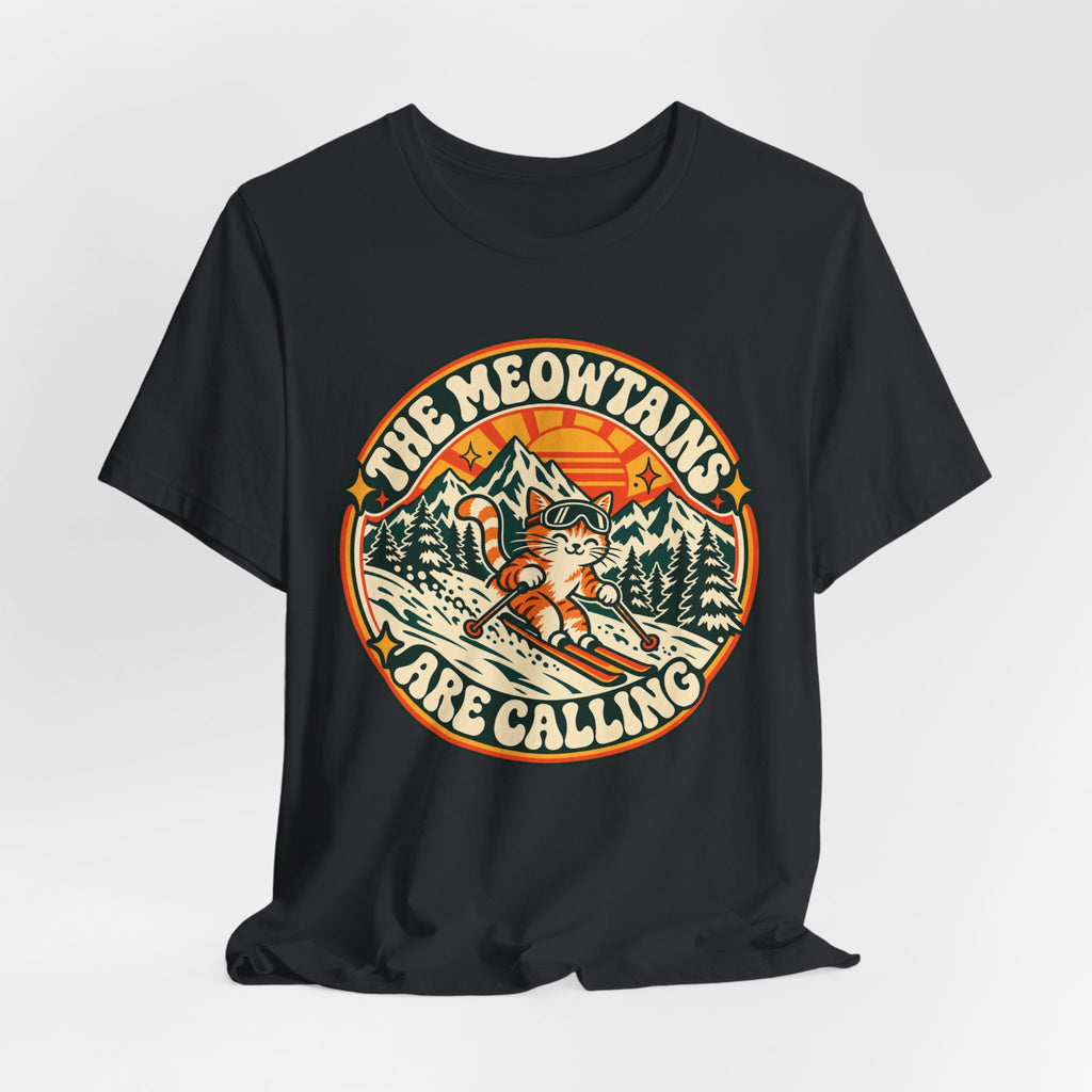 The Meowtains Are Calling Ski Cat T-Shirt in Heather Slate - funny ski cat meowtains graphic tee, Barely Outdoorsy
