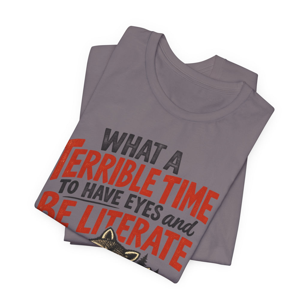 Terrible Time to Be Literate Camping Raccoon Tee detail Dusty Blue - raccoon camping literate close-up graphic, Barely Outdoorsy Bella Canvas 3001