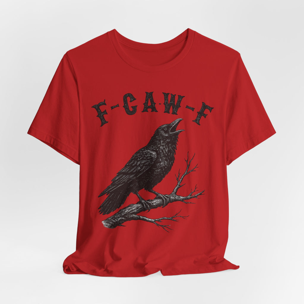 F-CAW-F Crow Tee in Heather True Royal detail - gothic blackletter crow close-up graphic, Barely Outdoorsy