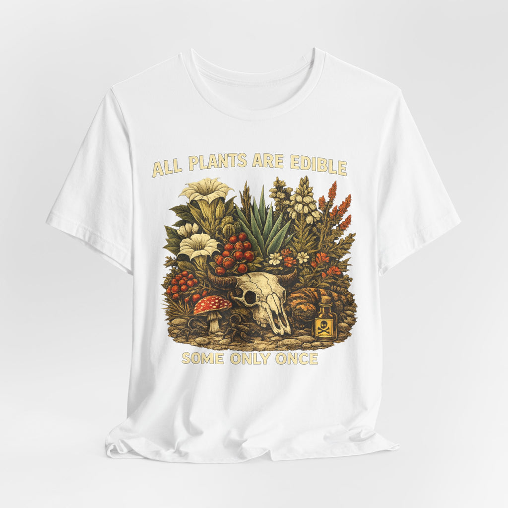 All Plants Are Edible Some Only Once Tee in Navy - dark humor botanical skull amanita mystery berries shirt, Barely Outdoorsy