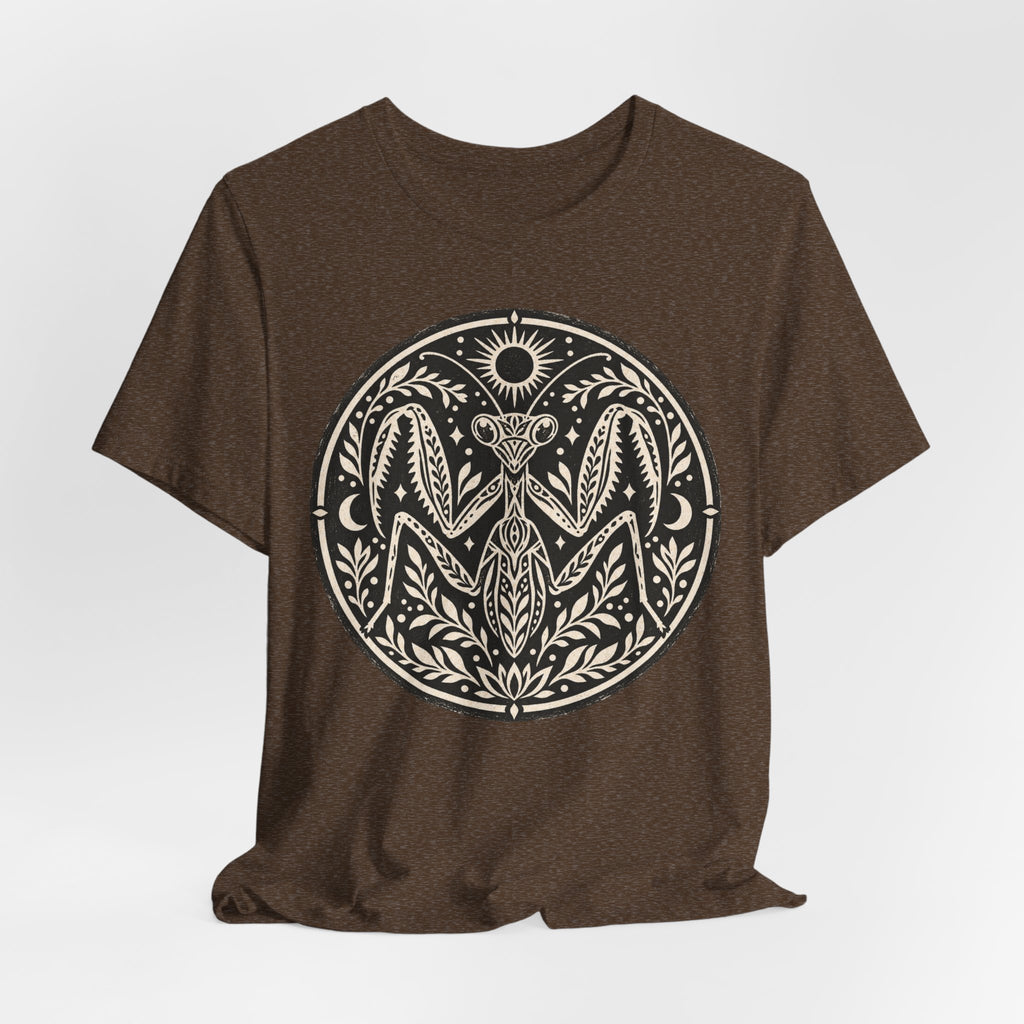 Celestial Praying Mantis T-Shirt in Heather Stone - witchy celestial moon praying mantis bug graphic tee, Barely Outdoorsy