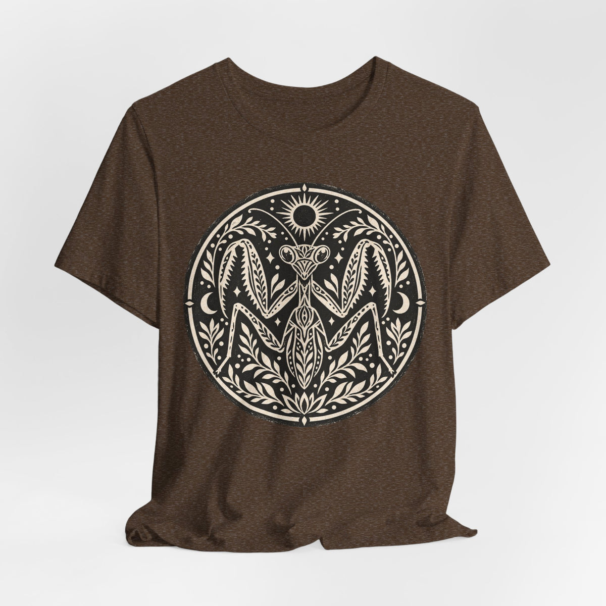Celestial Praying Mantis T-Shirt in Heather Stone - witchy celestial moon praying mantis bug graphic tee, Barely Outdoorsy