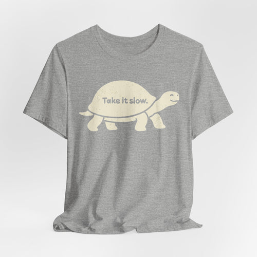 Take It Slow T-Shirt in Athletic Heather - minimalist turtle line art graphic tee, Barely Outdoorsy Bella Canvas 3001