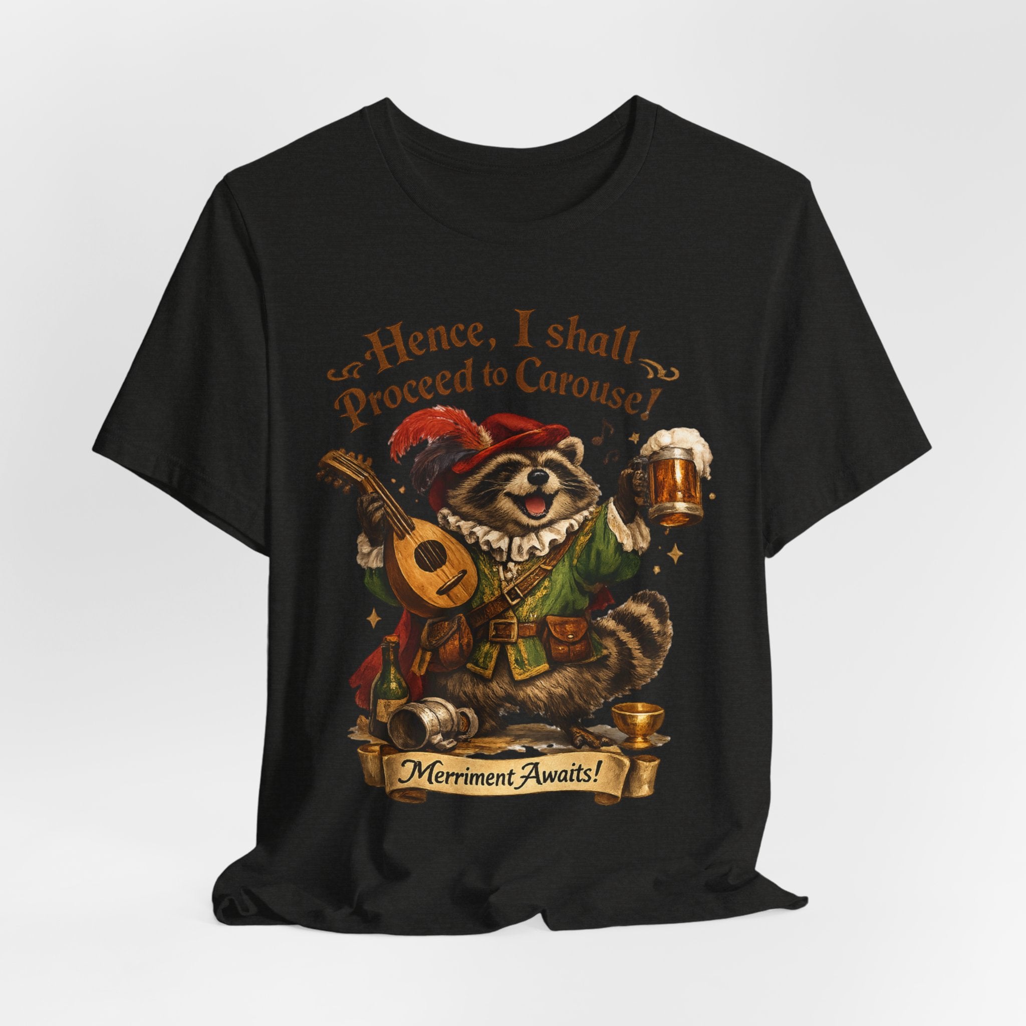 Raccoon Bard T-Shirt flat lay Navy - unisex crew neck raccoon bard graphic tee, Barely Outdoorsy