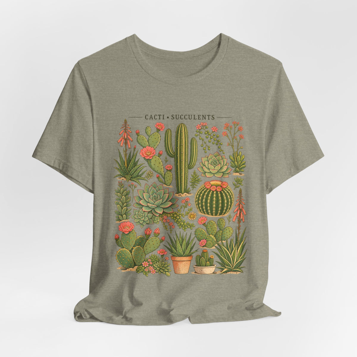 Cacti and Succulents Botanical T-Shirt in Dark Grey Heather - botanical cacti succulents desert plant graphic tee, Barely Outdoorsy Bella Canvas 3001