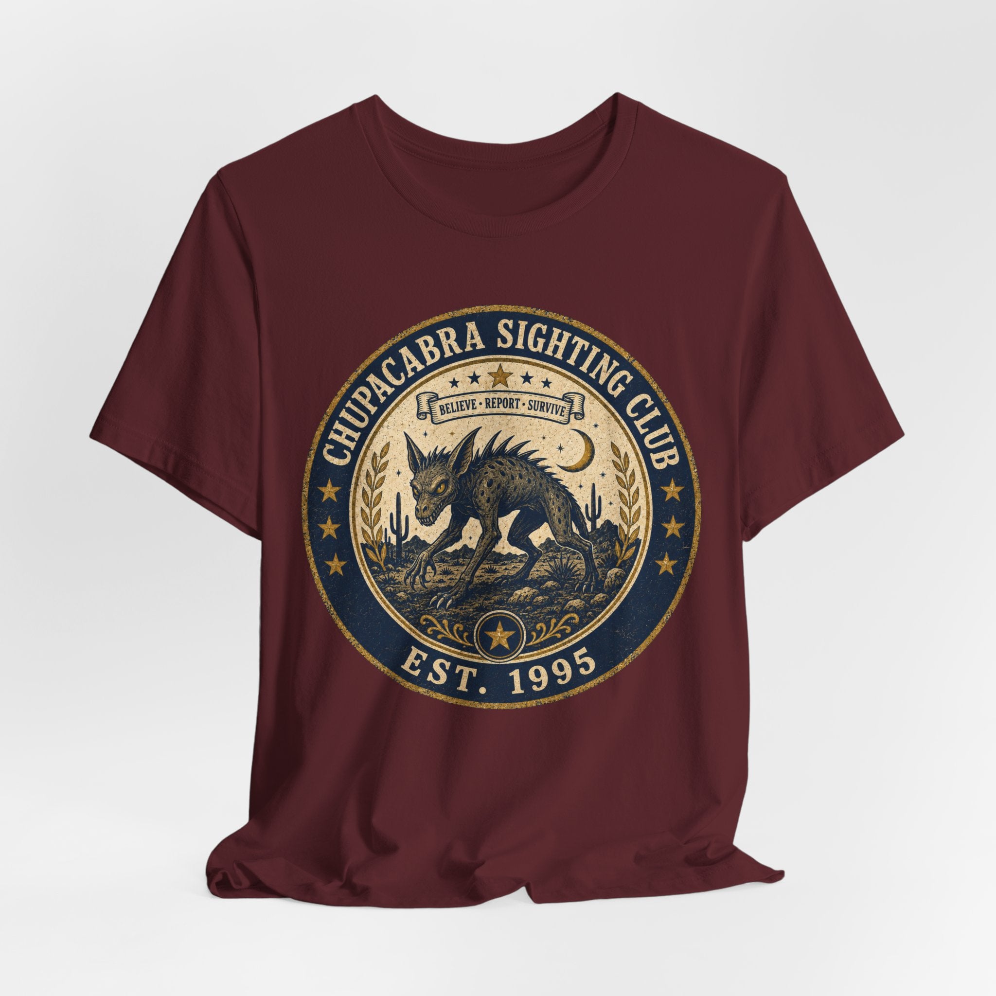 Chupacabra Sighting Club T-Shirt in Black Heather - navy gold seal chupacabra design, funny cryptid tee Barely Outdoorsy