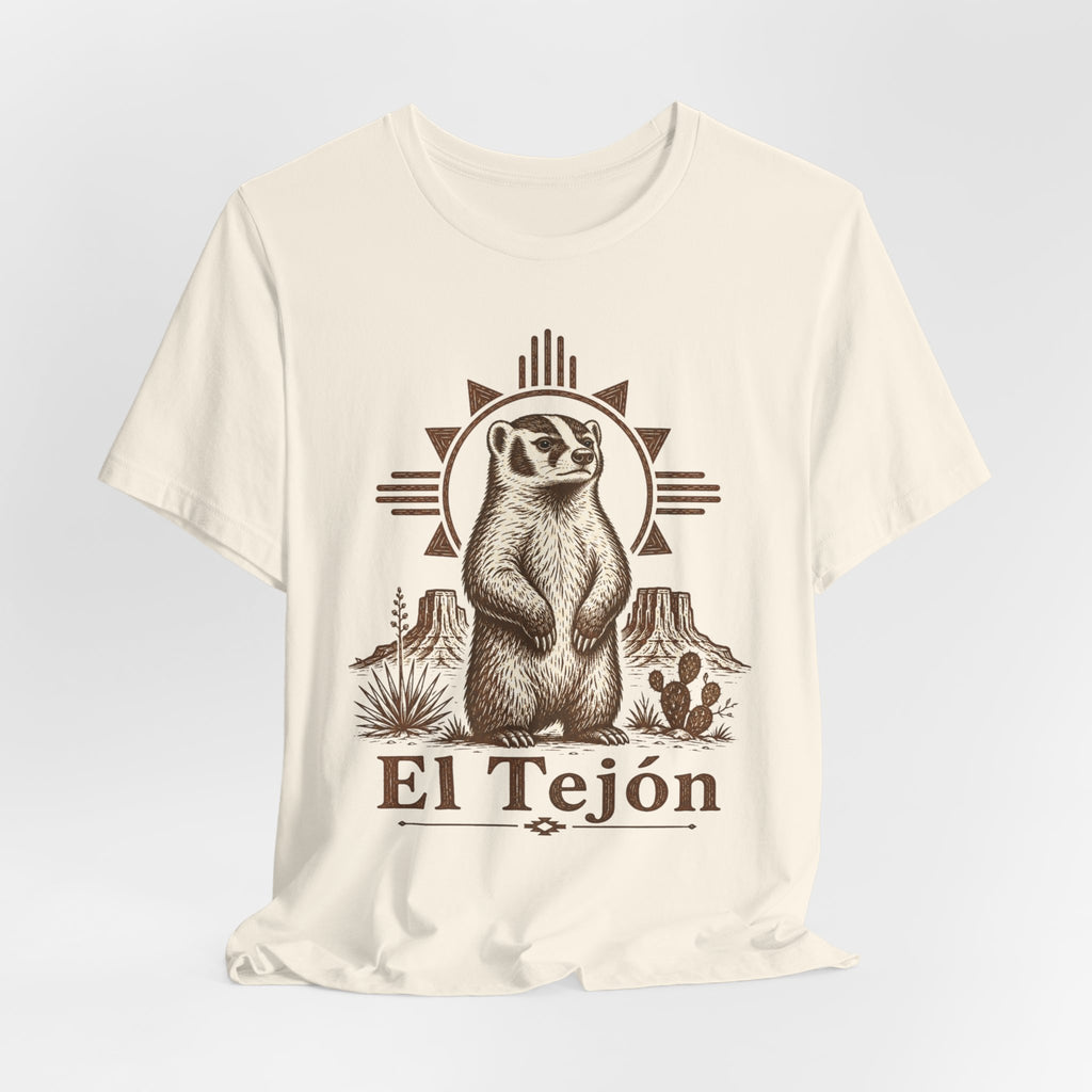 El Tejón Badger Tee in Heather Peach - retro desert badger sun rays mesa prickly pear shirt, Barely Outdoorsy