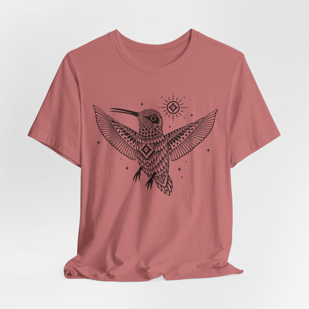 Southwest Geometric Hummingbird Mandala Tee in Pink detail - geometric hummingbird mandala close-up graphic