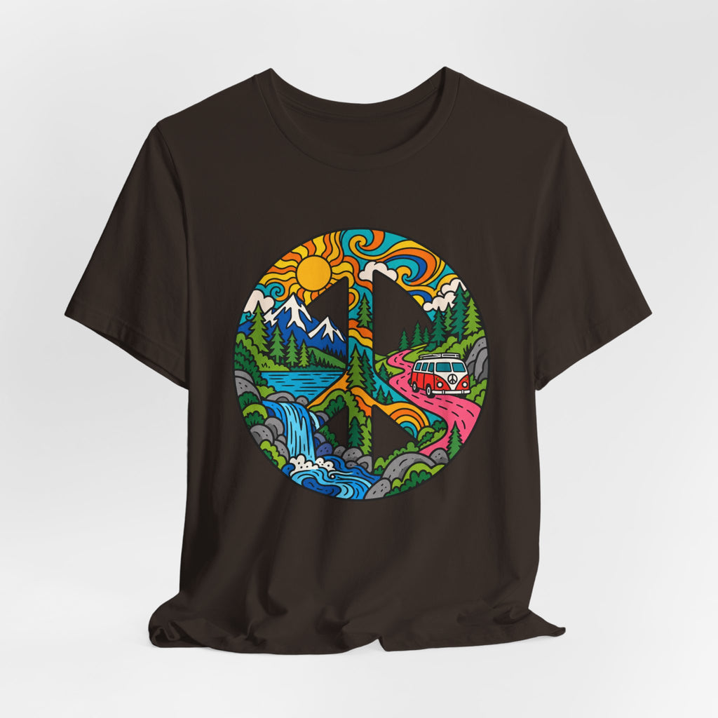 Peace Sign Mountain Van T-Shirt in Brown - retro van life mountain graphic tee, Barely Outdoorsy
