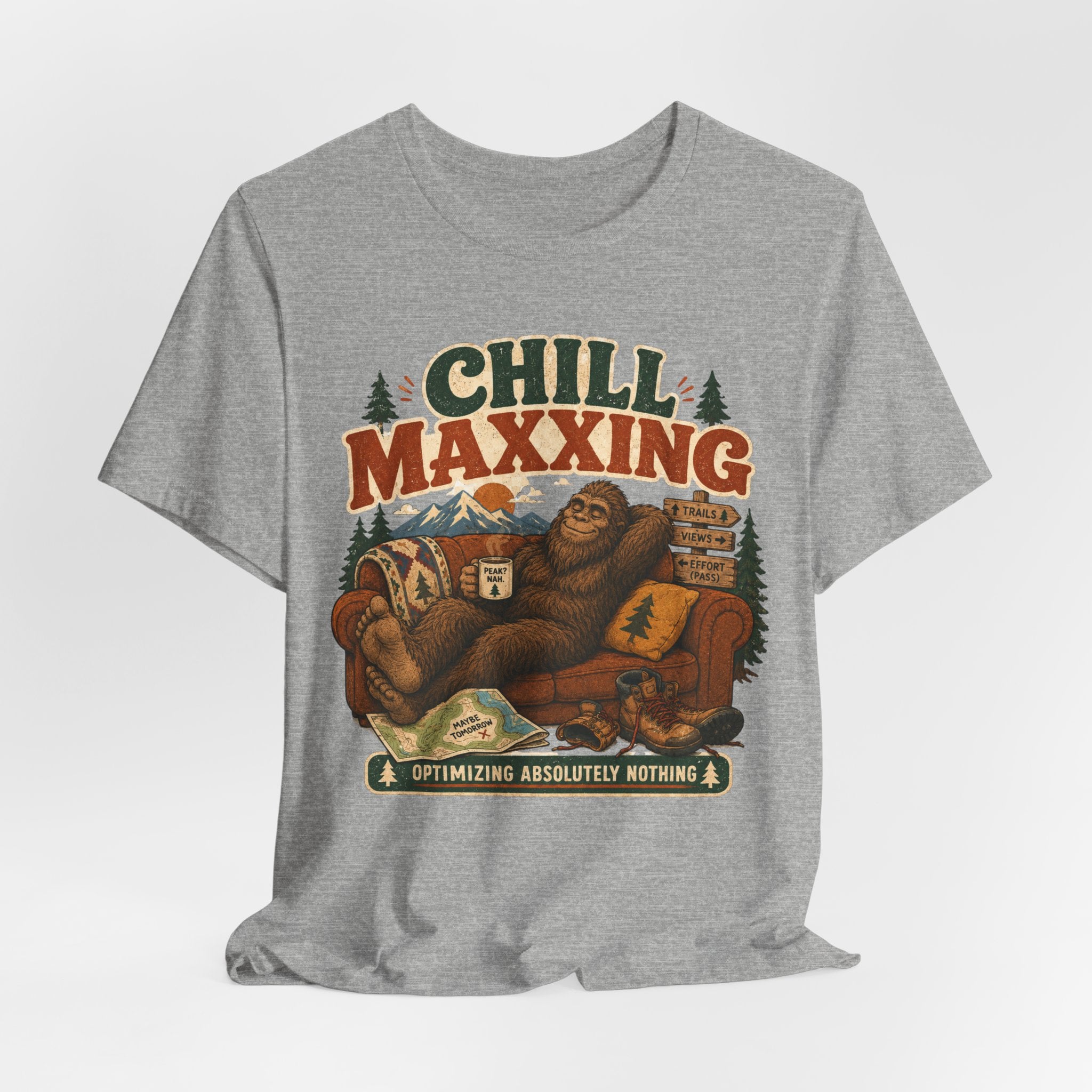 Chill Maxxing Bigfoot T-Shirt in Athletic Heather - funny lazy hiking graphic tee by Barely Outdoorsy