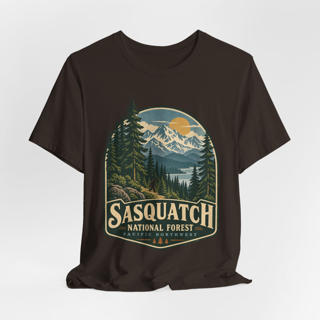 Sasquatch National Forest T-Shirt in Maroon - retro Sasquatch national forest graphic tee, Barely Outdoorsy Bella Canvas