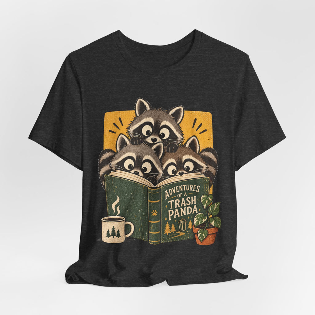 Adventures of a Trash Panda T-Shirt flat lay Dark Grey Heather - unisex crew neck raccoon adventure graphic tee, Barely Outdoorsy
