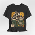Adventures of a Trash Panda T-Shirt flat lay Dark Grey Heather - unisex crew neck raccoon adventure graphic tee, Barely Outdoorsy