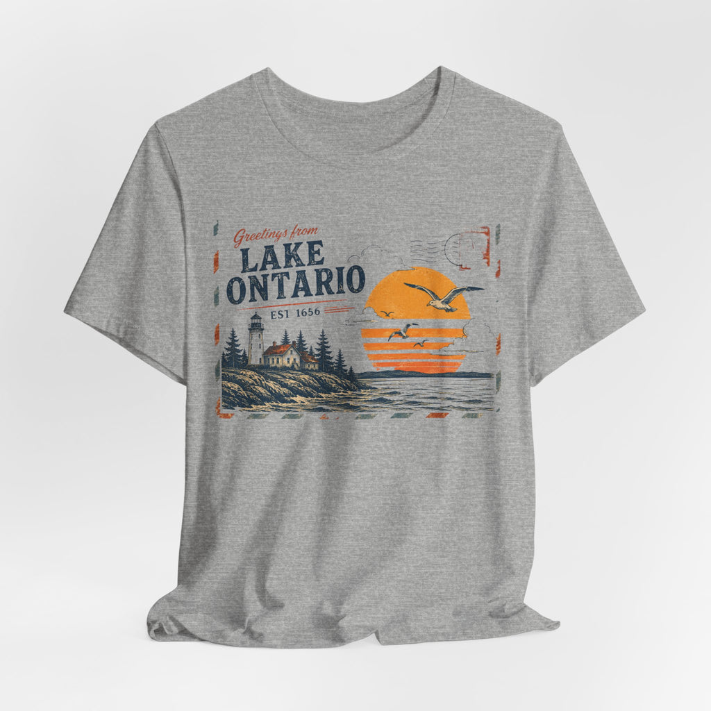 Lake Ontario Vintage Postcard Tee in Heather True Royal detail - Lake Ontario postcard close-up graphic, Barely Outdoorsy Bella Canvas 3001
