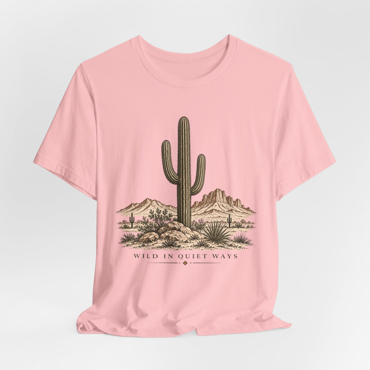 Wild in Quiet Ways Saguaro Tee in White worn shot - Southwest saguaro desert shirt, Barely Outdoorsy Bella Canvas