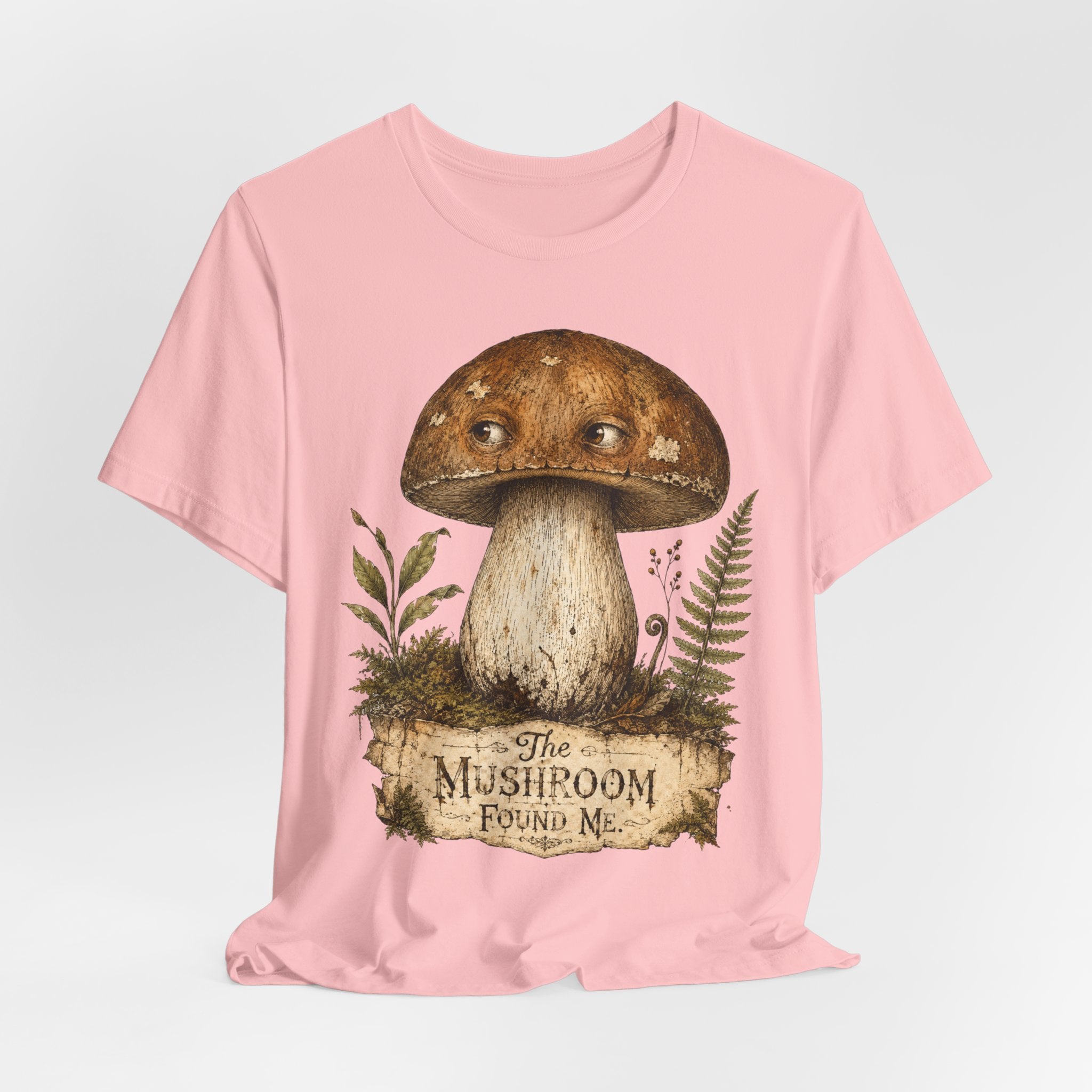The Mushroom Found Me Tee in Natural - vintage botanical porcini funny forager shirt, Barely Outdoorsy Bella Canvas 3001
