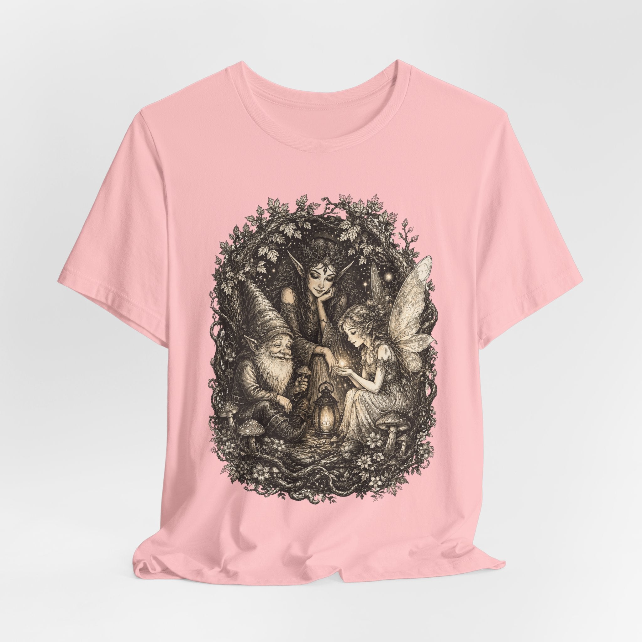 Woodland Gathering T-Shirt in Athletic Heather - goblincore forest creatures lantern moonlit graphic tee, Barely Outdoorsy Bella Canvas 3001