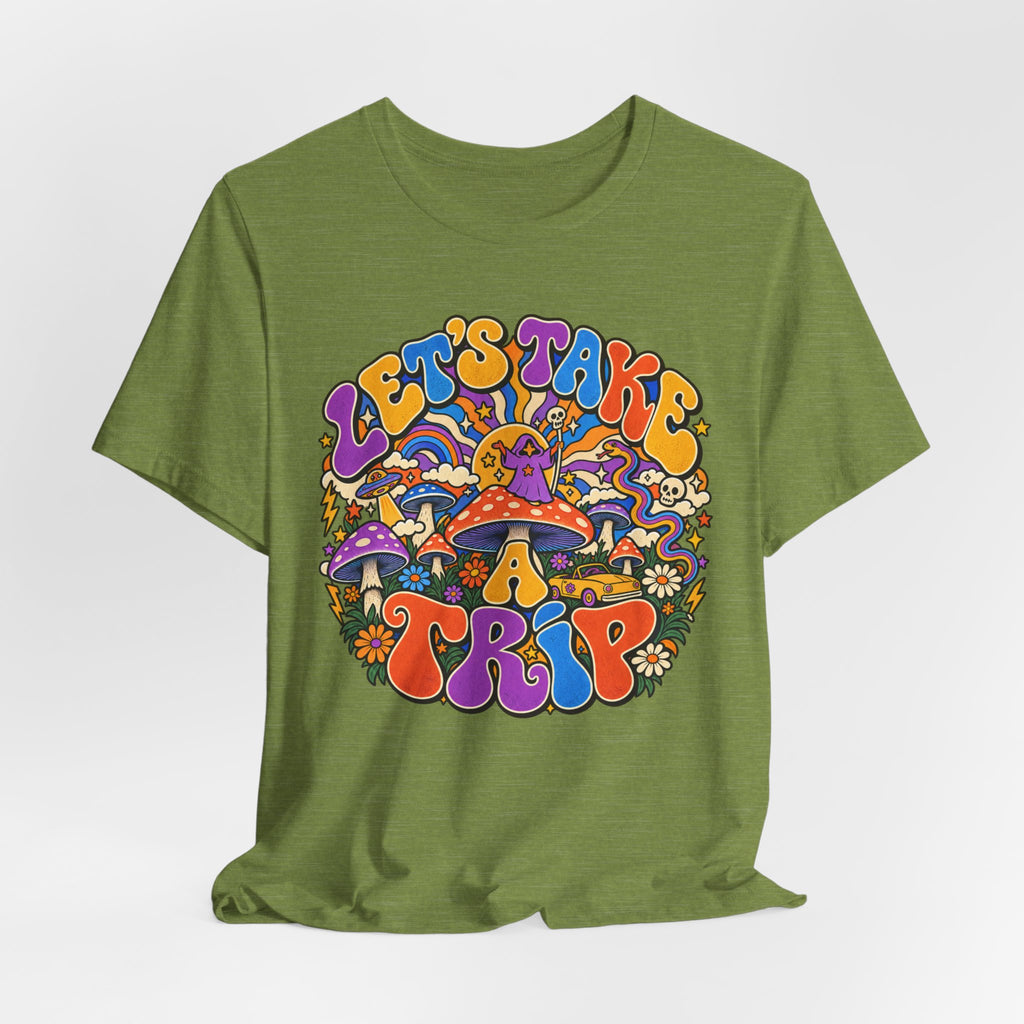 Let's Take a Trip Retro Tee in Heather Dusty Blue - retro psychedelic road trip shirt, Barely Outdoorsy Bella Canvas 3001