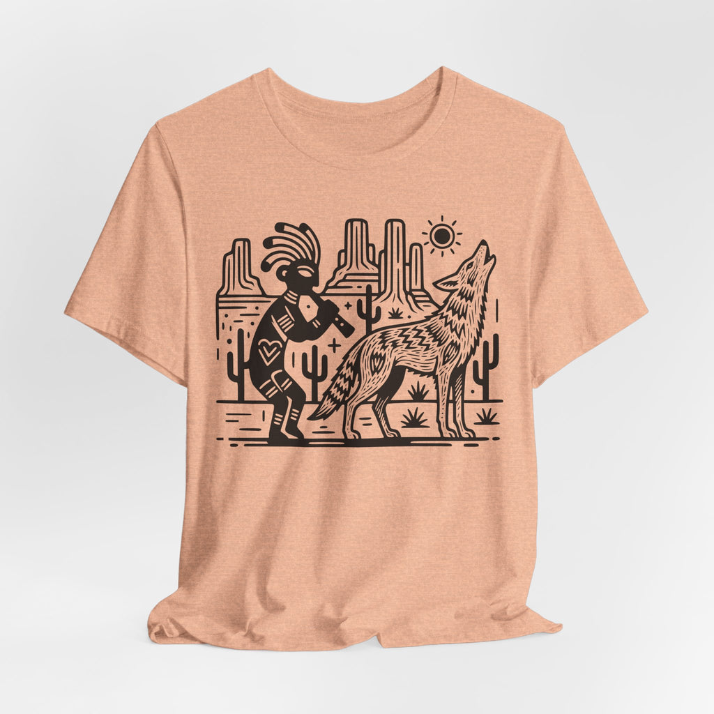 Vintage Coyote Kokopelli T-Shirt in Mauve - retro Southwest coyote Kokopelli desert graphic tee, Barely Outdoorsy