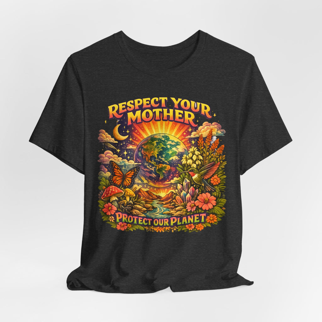 Respect Your Mother Protect Our Planet Tee flat lay Dark Grey Heather - unisex crew neck Mother Earth graphic tee, Barely Outdoorsy