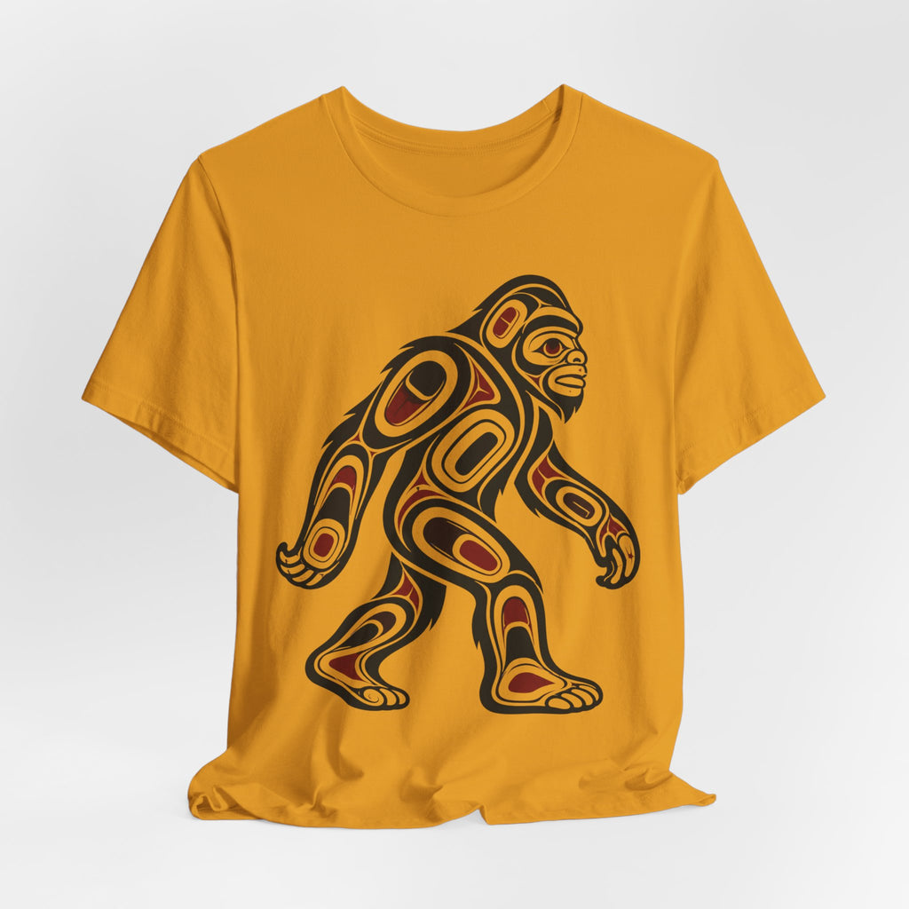 Northwest Tribal Bigfoot T-Shirt in Heather Peach - Pacific Northwest tribal Bigfoot art graphic tee, Barely Outdoorsy Bella Canvas