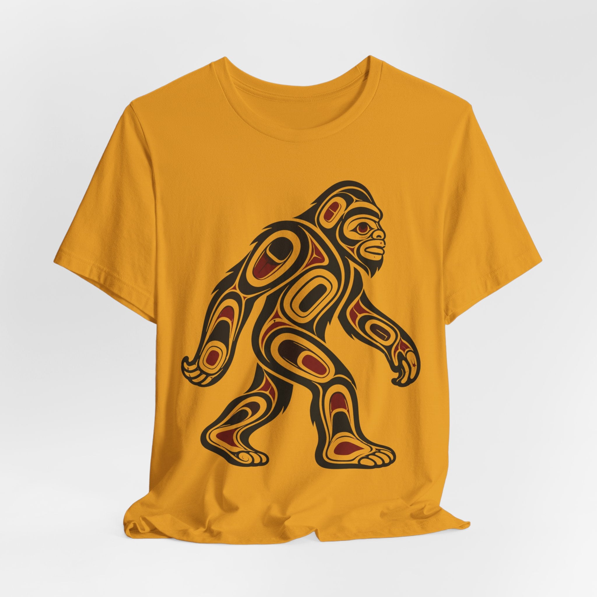 Northwest Tribal Bigfoot T-Shirt in Heather Peach - Pacific Northwest tribal Bigfoot art graphic tee, Barely Outdoorsy Bella Canvas