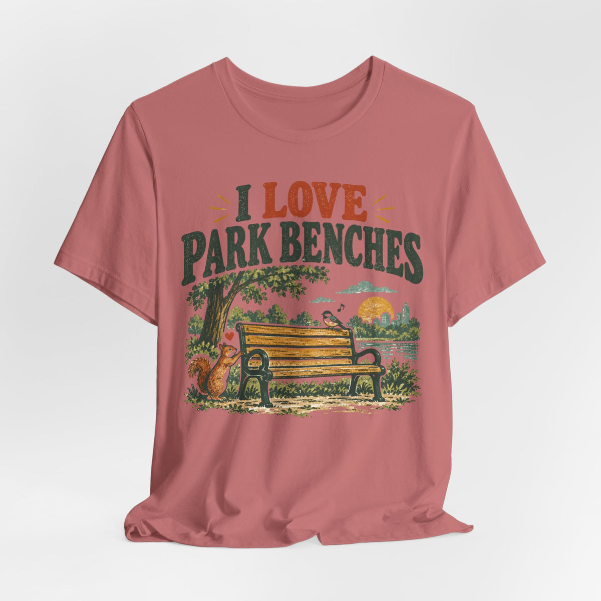 I Love Park Benches T-Shirt in White - funny park bench nature humor graphic tee, Barely Outdoorsy Bella Canvas