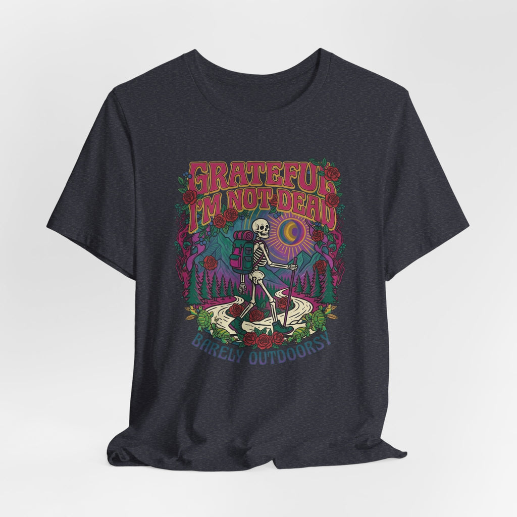 Person wearing Grateful Not Dead skeleton hiking shirt outdoor lifestyle