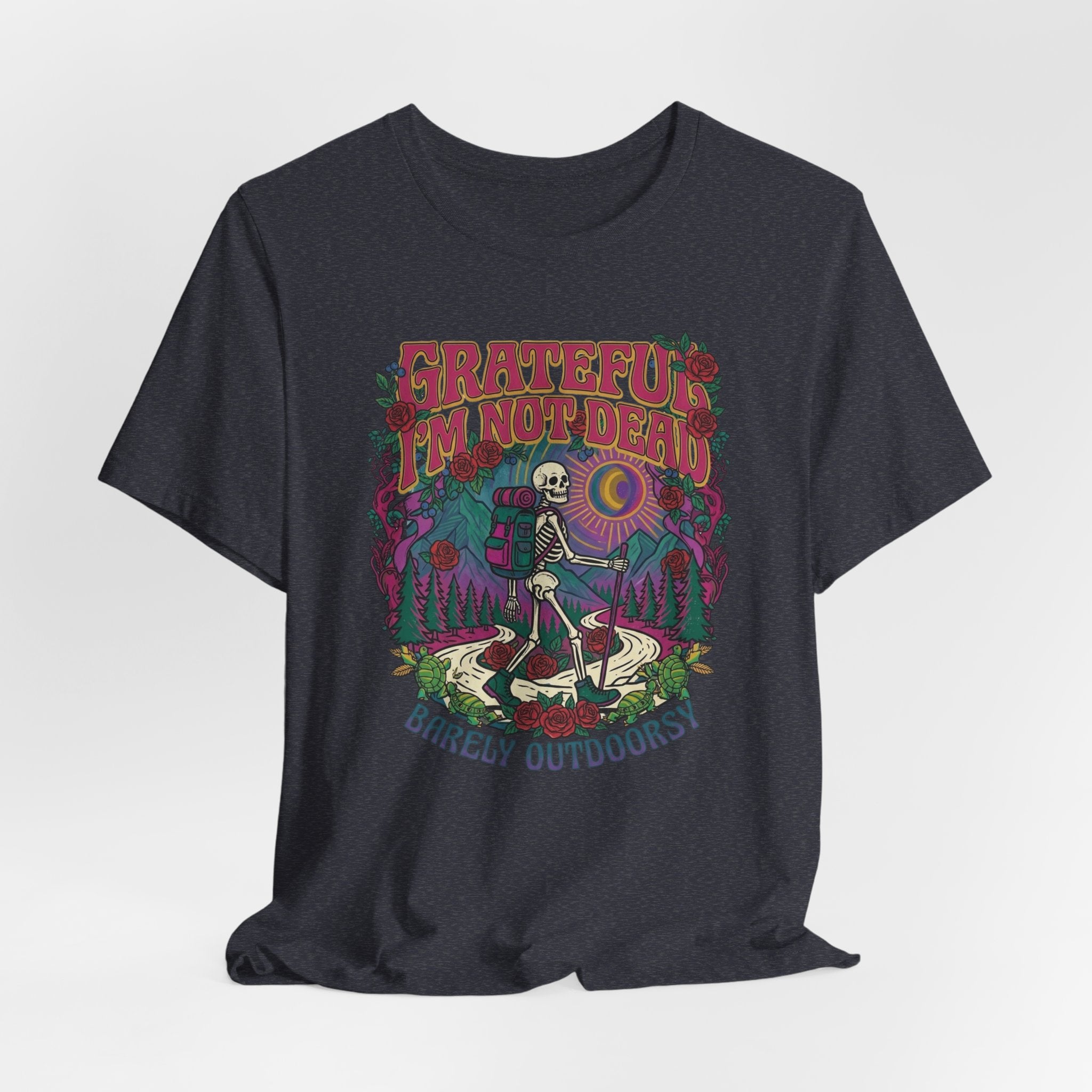 Person wearing Grateful Not Dead skeleton hiking shirt outdoor lifestyle
