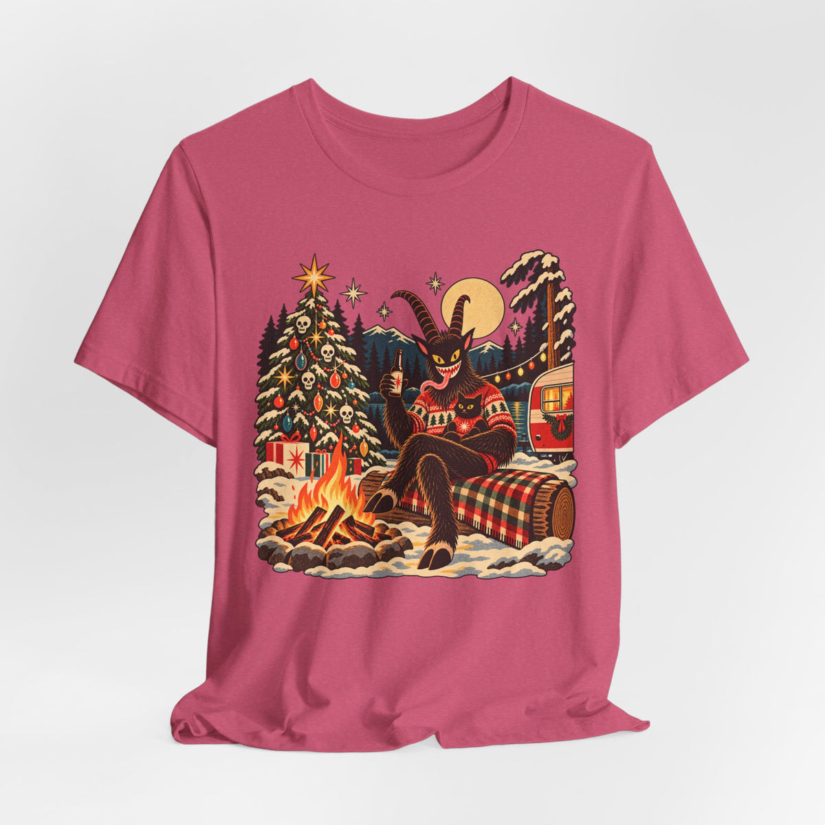 Krampus Campfire Christmas T-Shirt in Black Heather - funny dark Krampus campfire Christmas holiday graphic tee, Barely Outdoorsy