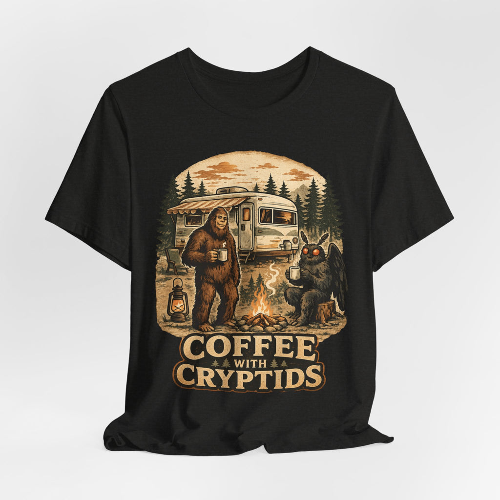 Coffee With Cryptids Tee in White - funny cryptid coffee campfire woods shirt, Barely Outdoorsy Bella Canvas 3001