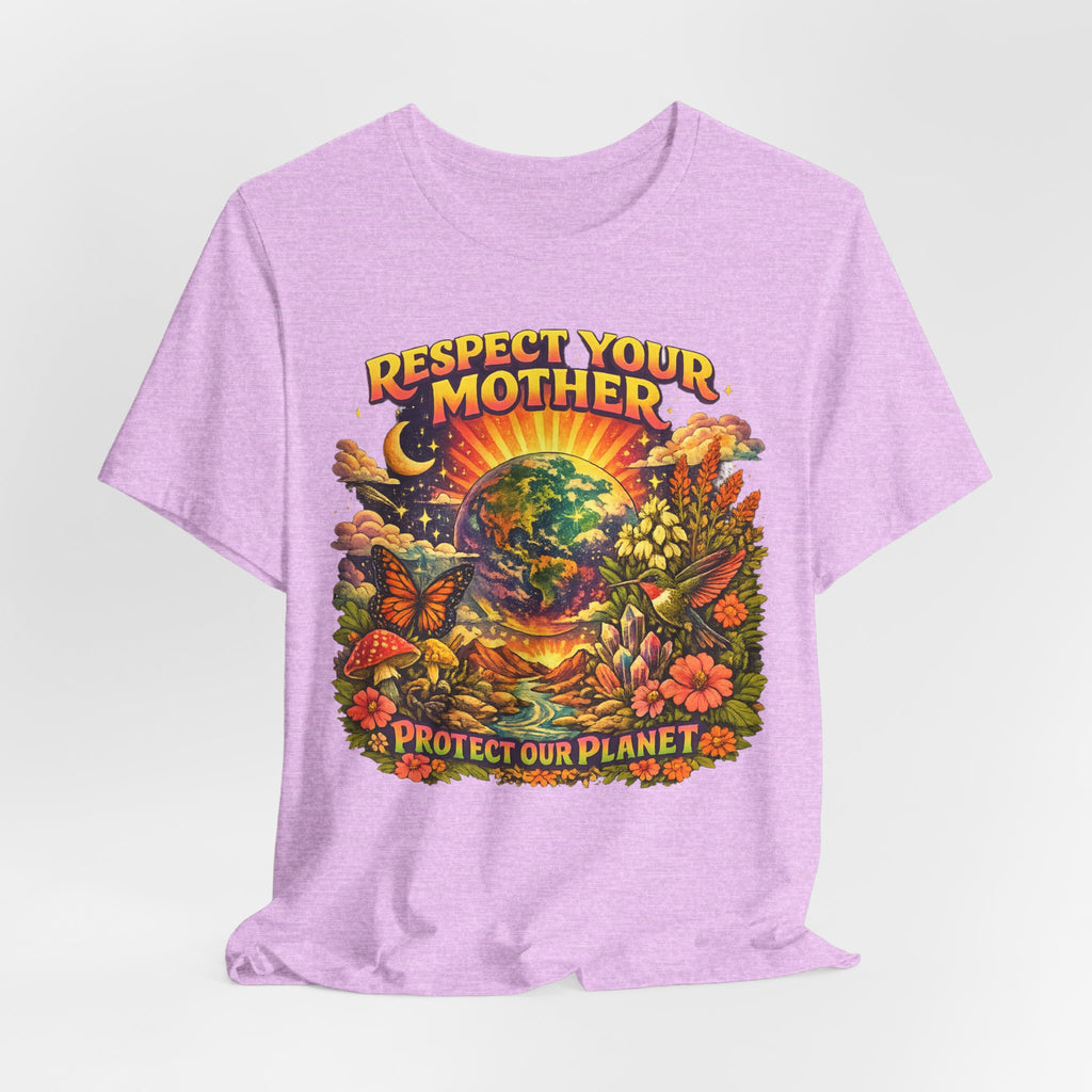 Respect Your Mother Protect Our Planet Tee in Heather True Royal - retro planet hummingbird butterfly wildflower shirt, Barely Outdoorsy