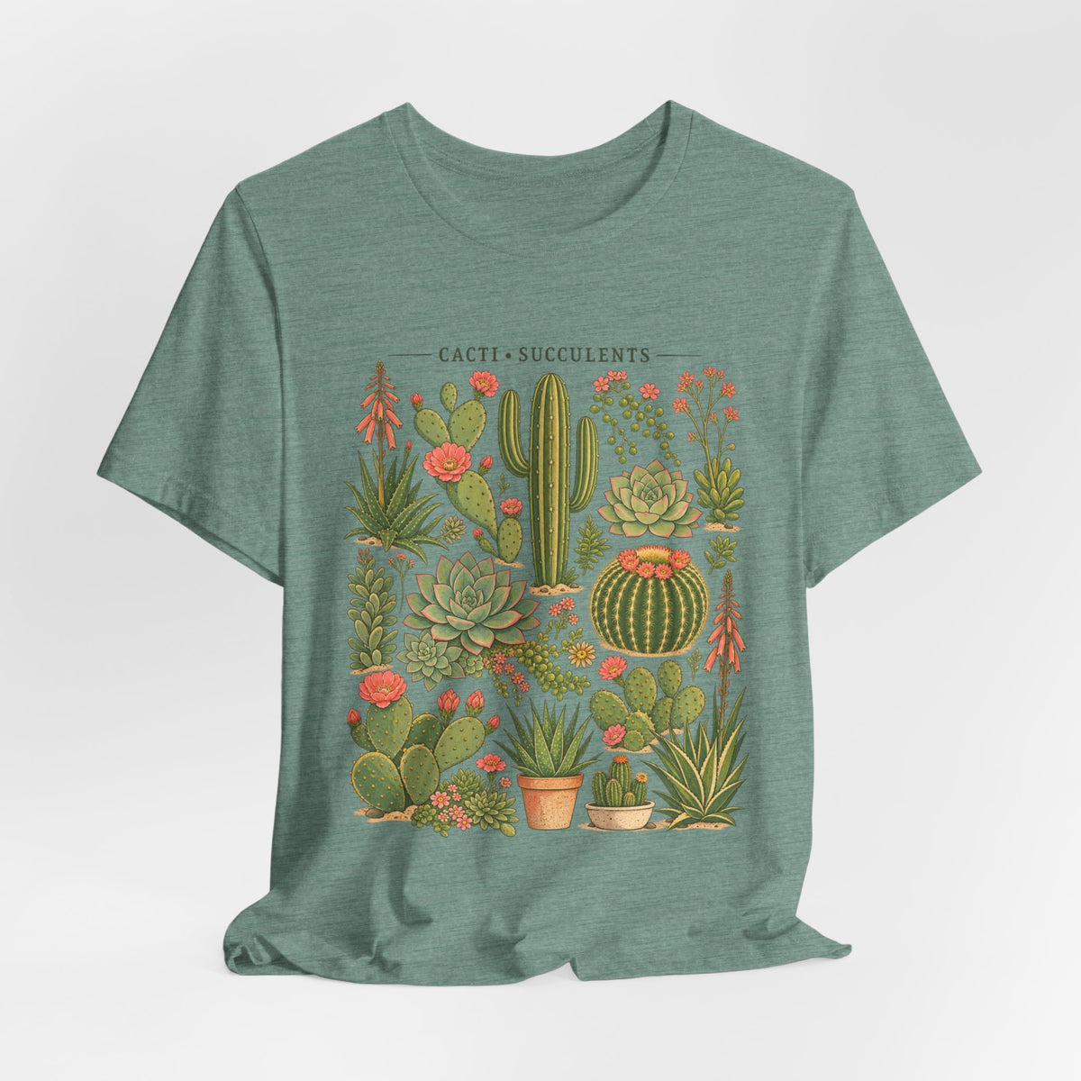 Cacti and Succulents Botanical T-Shirt in Heather Green - botanical cacti succulents desert plant graphic tee, Barely Outdoorsy