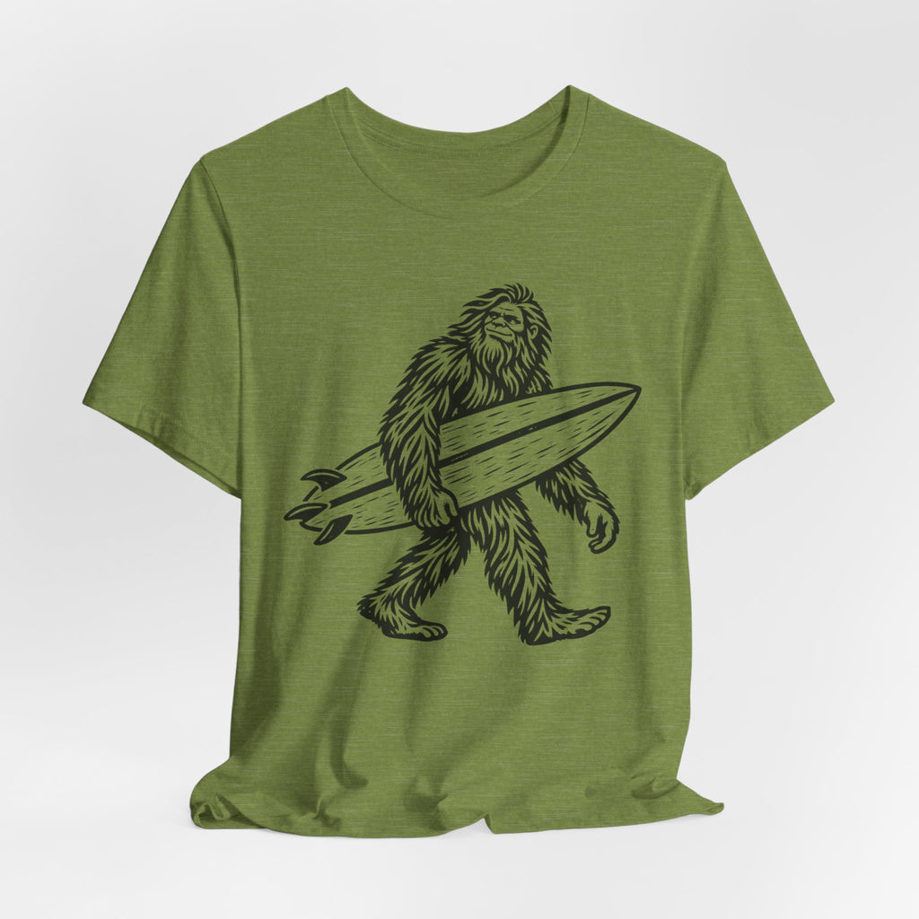 Surfing Bigfoot T-Shirt in Storm - funny Sasquatch surf graphic tee, Barely Outdoorsy