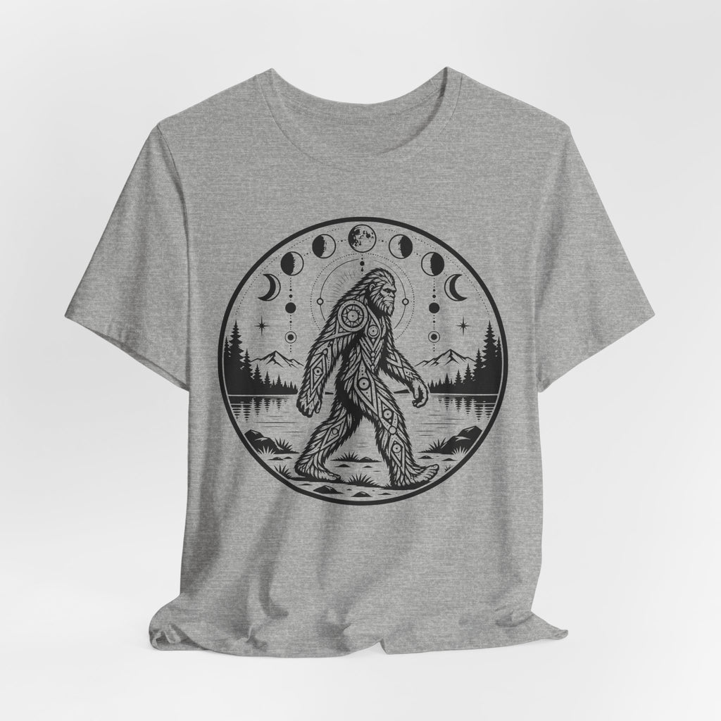 Bigfoot Moon Phases Tee flat lay Athletic Heather - unisex crew neck Bigfoot moon phases graphic tee, Barely Outdoorsy