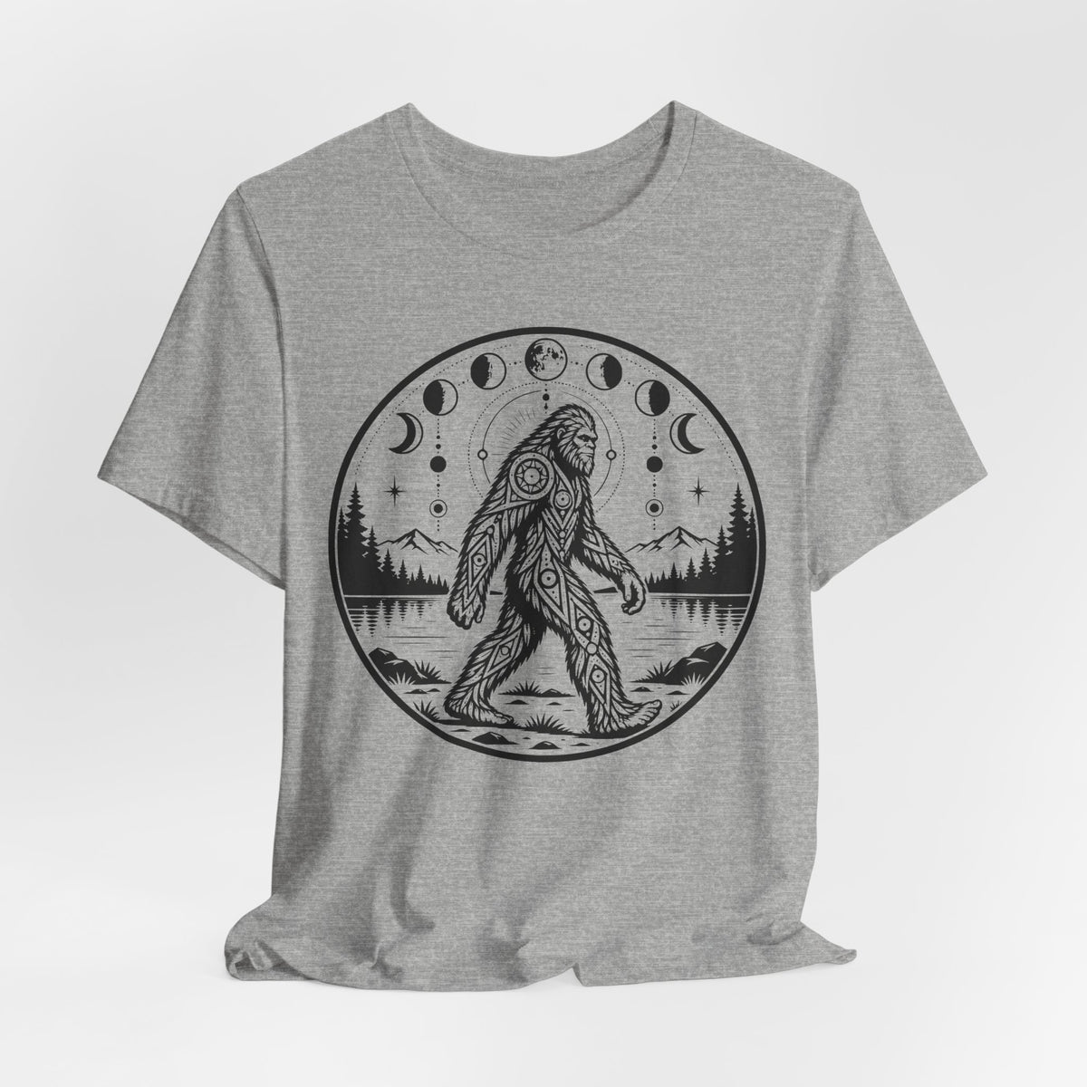 Bigfoot Moon Phases Tee flat lay Athletic Heather - unisex crew neck Bigfoot moon phases graphic tee, Barely Outdoorsy