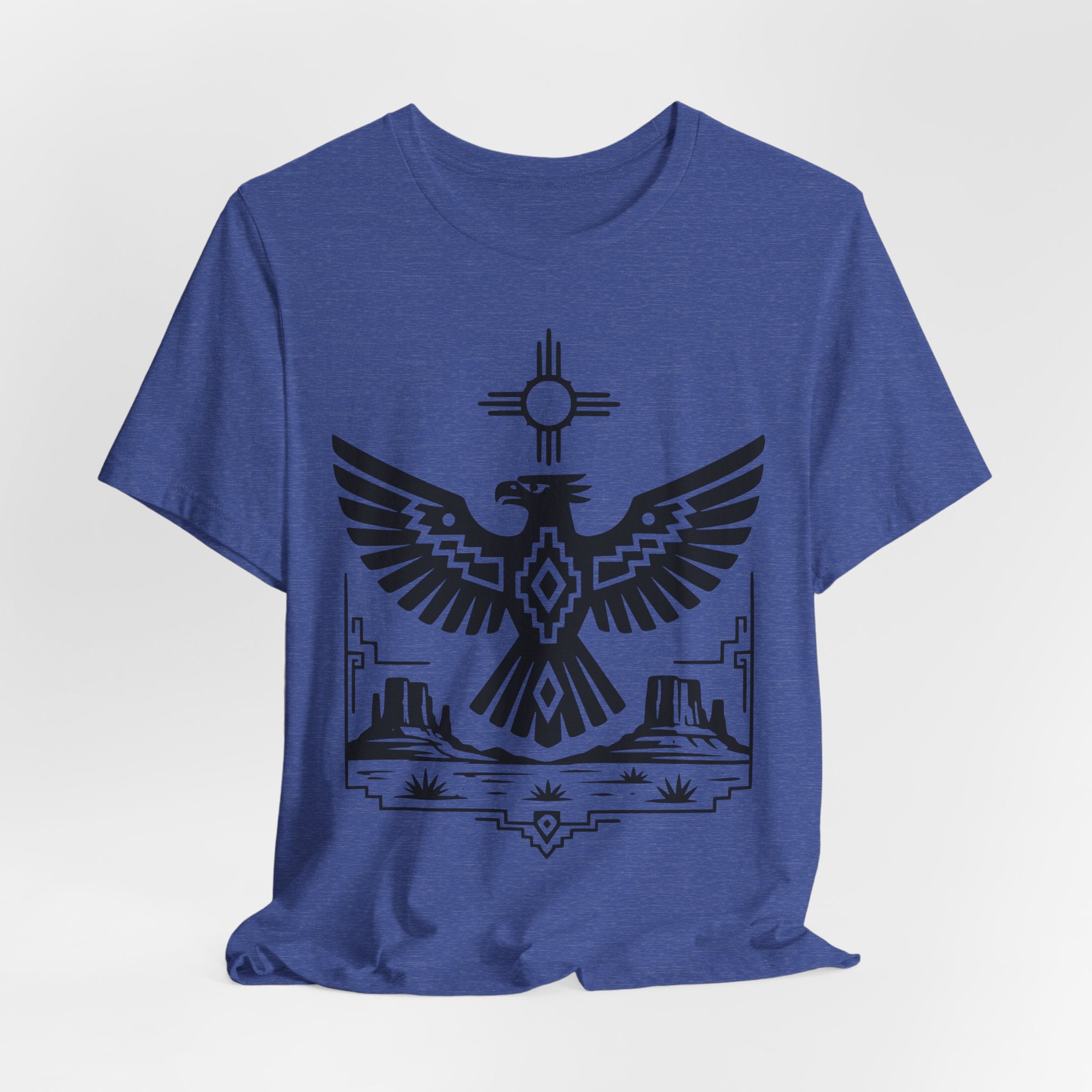 Thunderbird Zia Sun Desert T-Shirt in Heather True Royal detail - Thunderbird Zia close-up graphic, Barely Outdoorsy Bella Canvas 3001