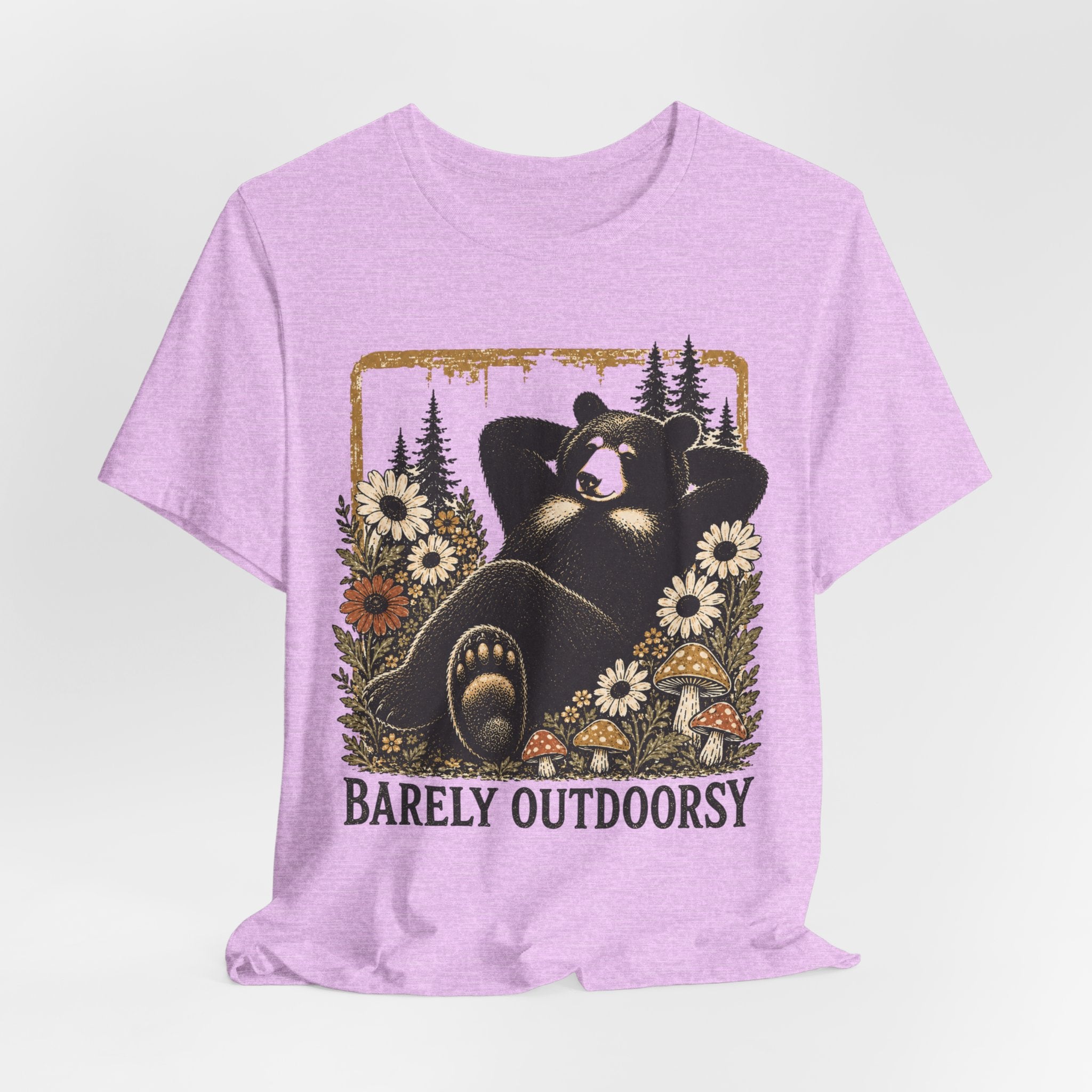 Barely Outdoorsy Lounging Bear Tee in Heather Prism Ice Blue - funny bear lounging nature shirt, Barely Outdoorsy Bella Canvas
