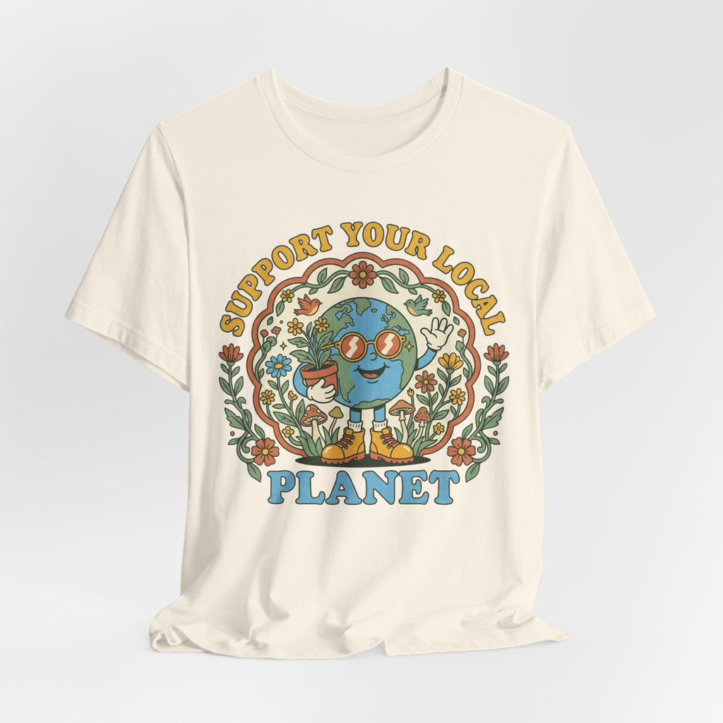 Support Your Local Planet Tee in Heather Navy - earth day outdoor humor shirt, Barely Outdoorsy