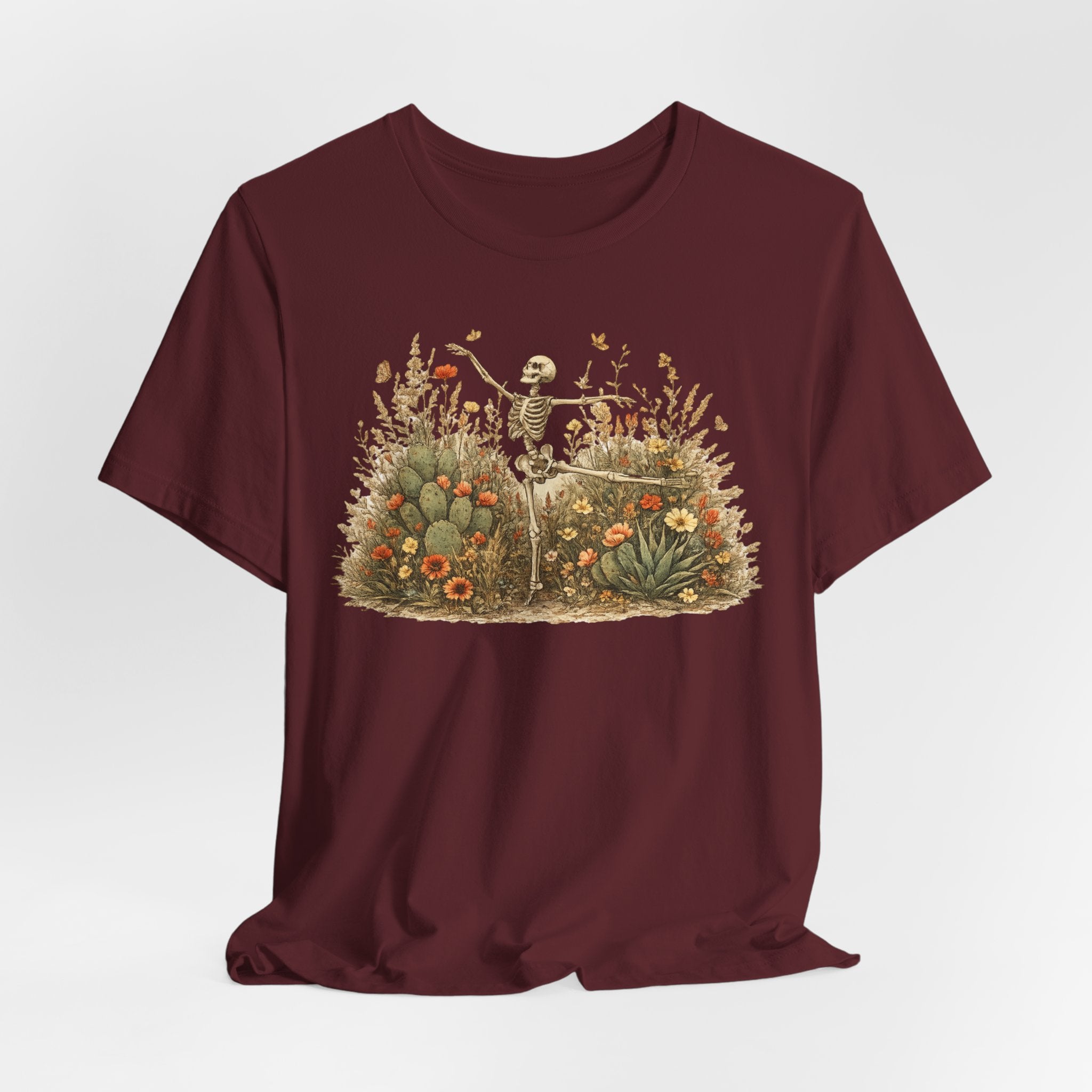 Dancing Skeleton Desert Wildflower Tee in Heather Ice Blue - vintage watercolor skeleton agave shirt, Barely Outdoorsy