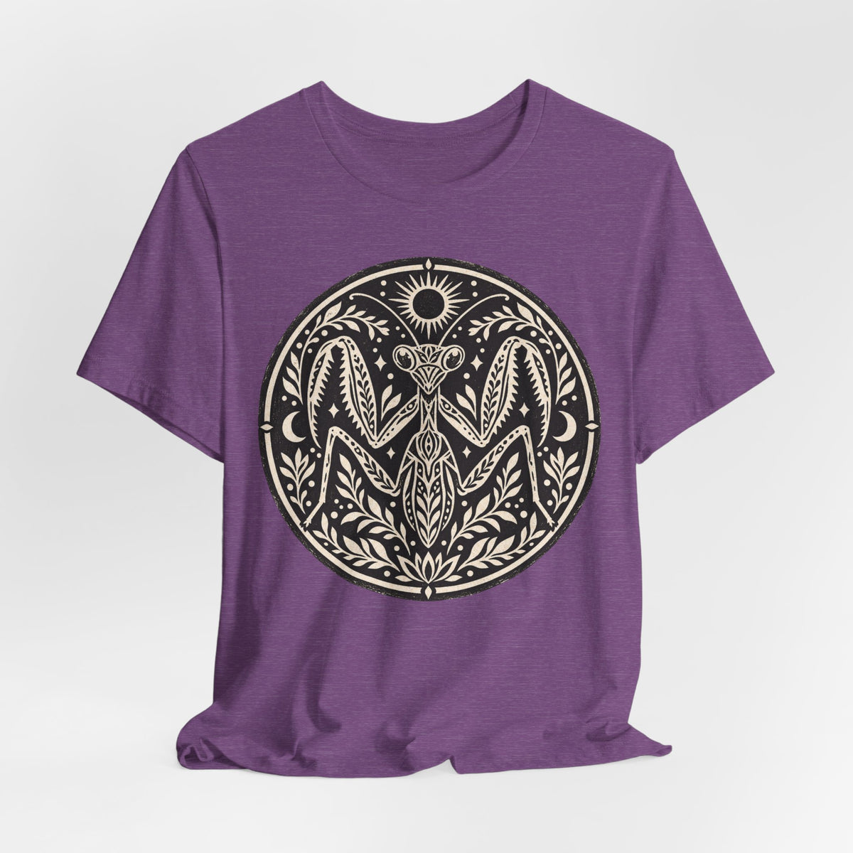 Celestial Praying Mantis T-Shirt in Dark Grey - witchy celestial moon praying mantis bug graphic tee, Barely Outdoorsy Bella Canvas 3001