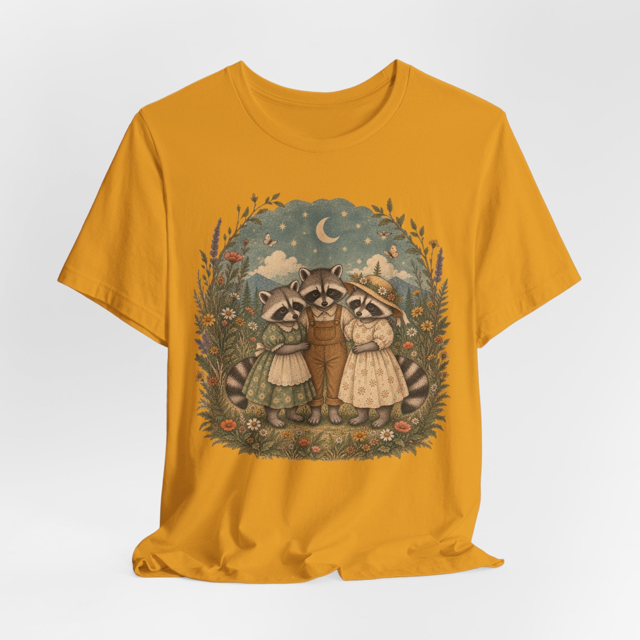 Cottagecore Raccoon Family Wildflower T-Shirt in Maroon - raccoon family wildflower cottagecore graphic tee, Barely Outdoorsy Bella Canvas