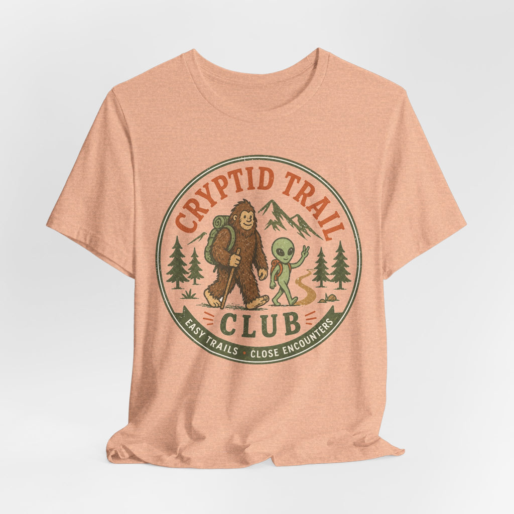 Cryptid Trail Club tee flat lay unisex Bella Canvas 3001 BarelyOutdoorsy