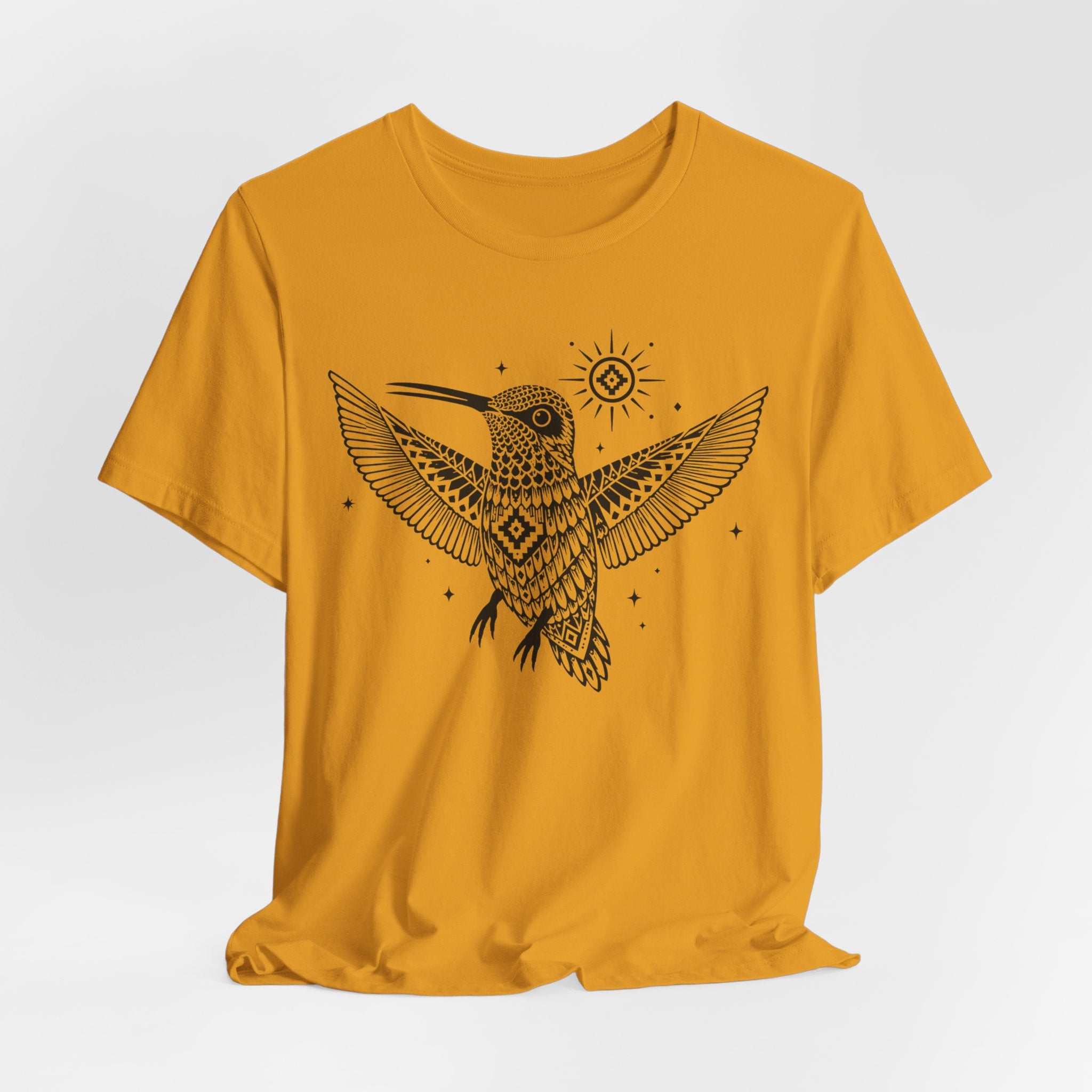 Southwest Geometric Hummingbird Mandala T-Shirt in White worn shot - boho Southwest hummingbird shirt, Barely Outdoorsy Bella Canvas