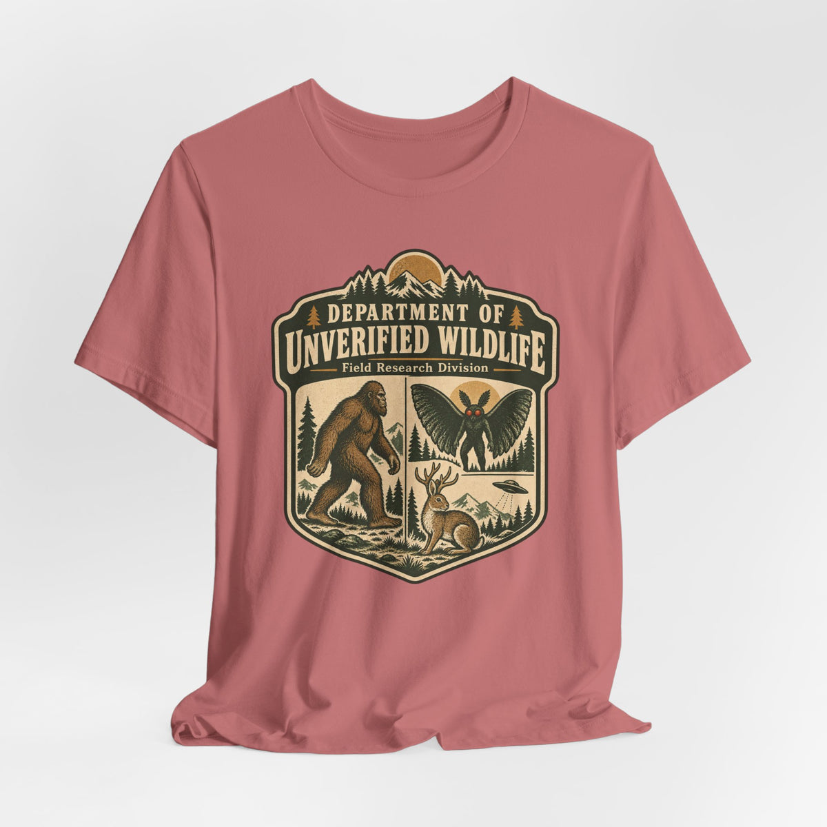 Department of Unverified Wildlife T-Shirt in Mauve - funny cryptid department graphic tee, Barely Outdoorsy