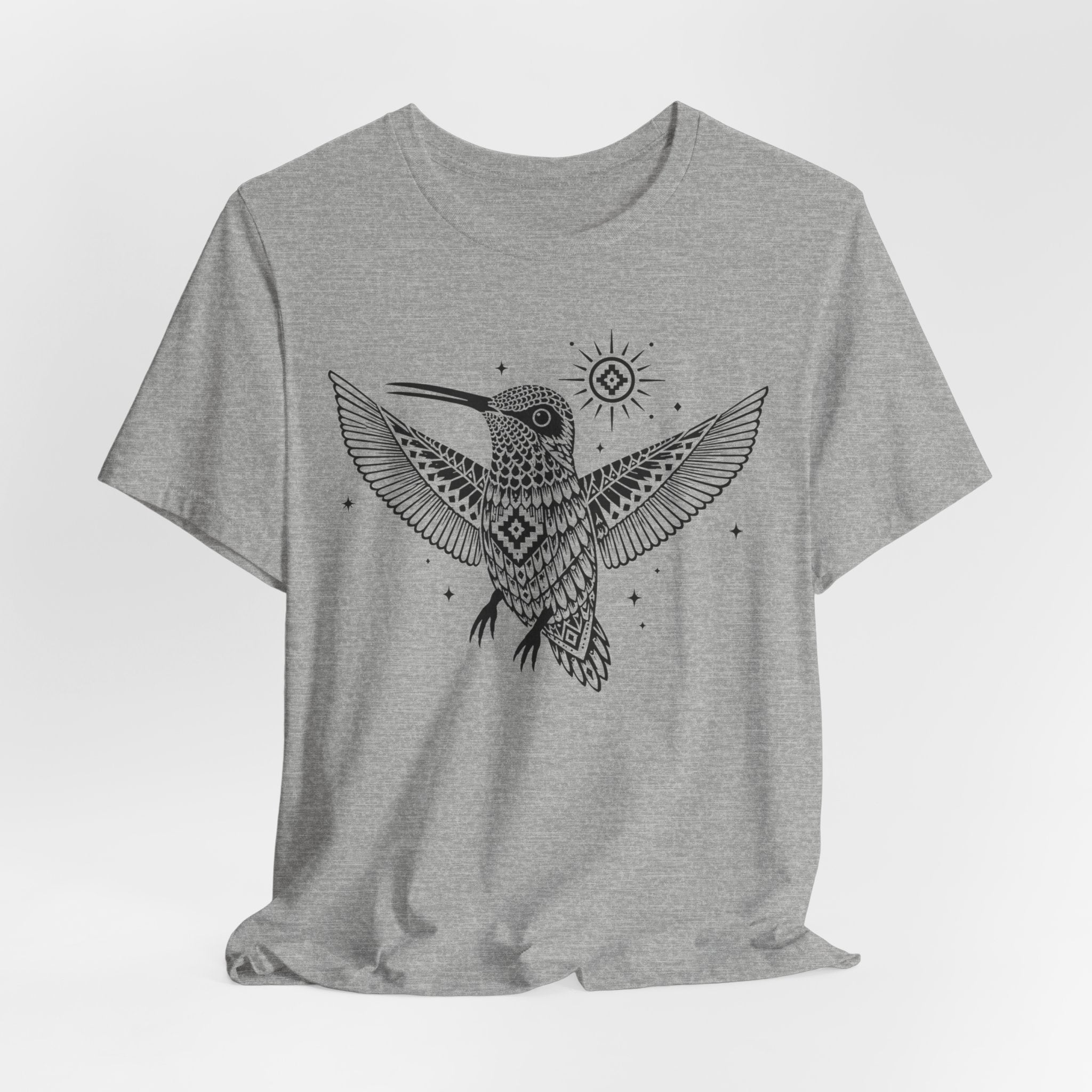 Southwest Geometric Hummingbird Mandala T-Shirt in White - bold geometric hummingbird Southwest graphic tee, Barely Outdoorsy Bella Canvas