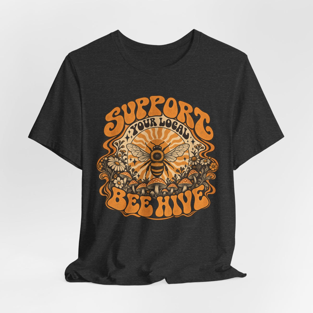 Support Your Local Bee Hive T-Shirt in Black Heather - cottagecore bee hive graphic tee, Barely Outdoorsy
