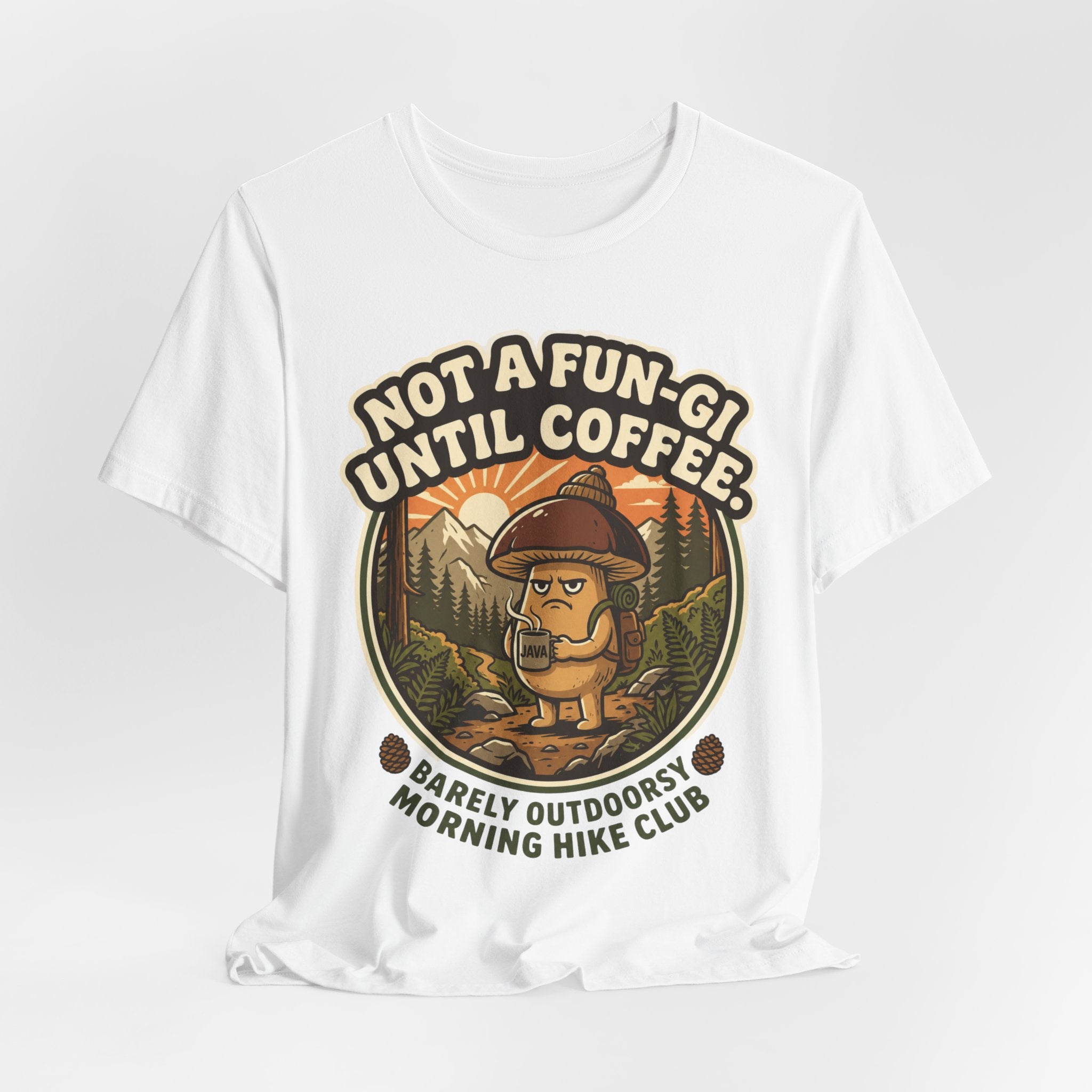 Not A Fun-Gi Until Coffee T-Shirt in Black Heather - Morning Hike Club mushroom coffee graphic tee, Bella Canvas 3001